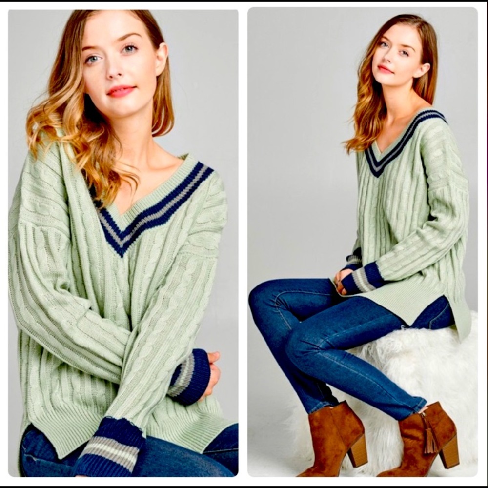 Over Sized Sage Cable Knit Pullover Sweater